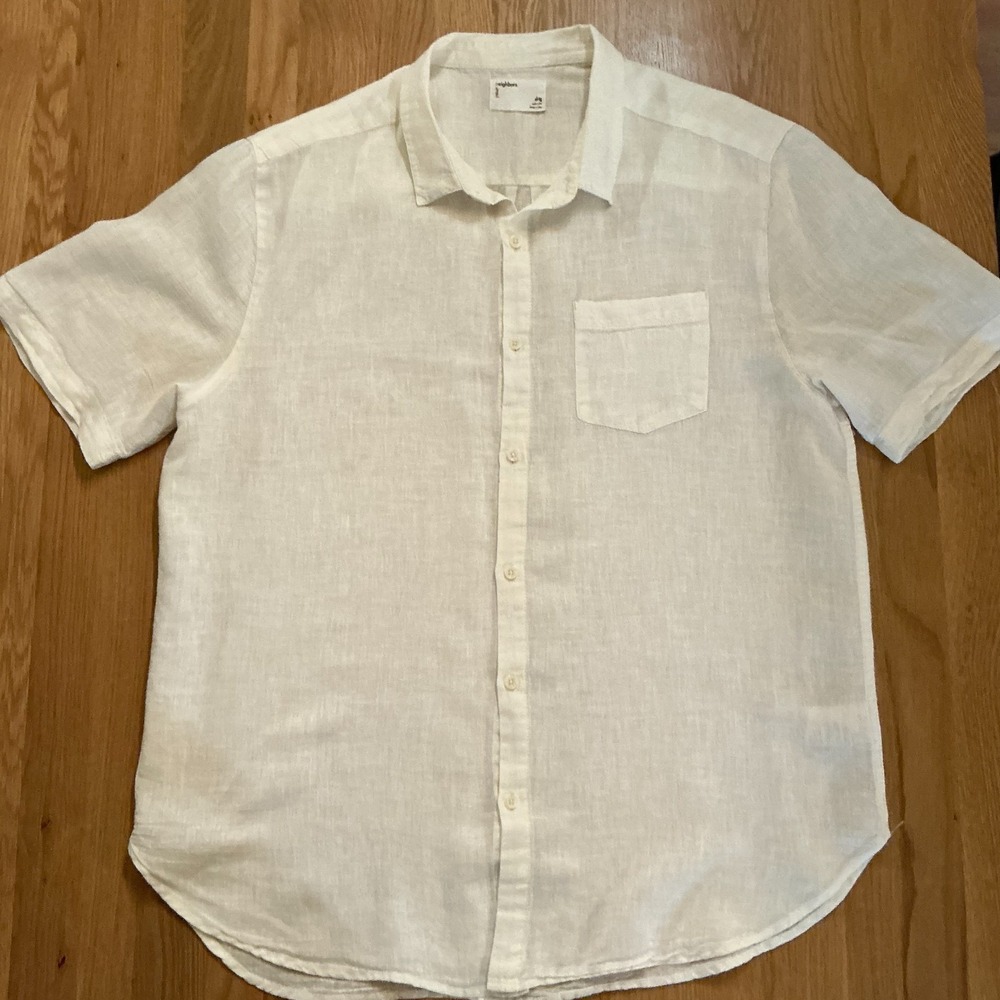 Your Neighbors XL Linen Cotton Short Sleeve Button Up Shirt White Summer Casual‎